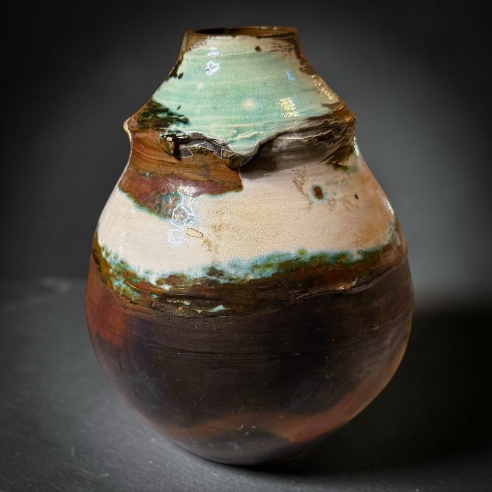Artisan Ceramic Vase Handcrafted Fired Glazed Brown Cream Mint Green Signed